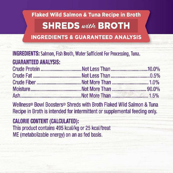 Wellness Bowl Boosters Shreds Flaked Salmon & Tuna with Broth Cat Food Topper (1.75 oz x 12 pouches)