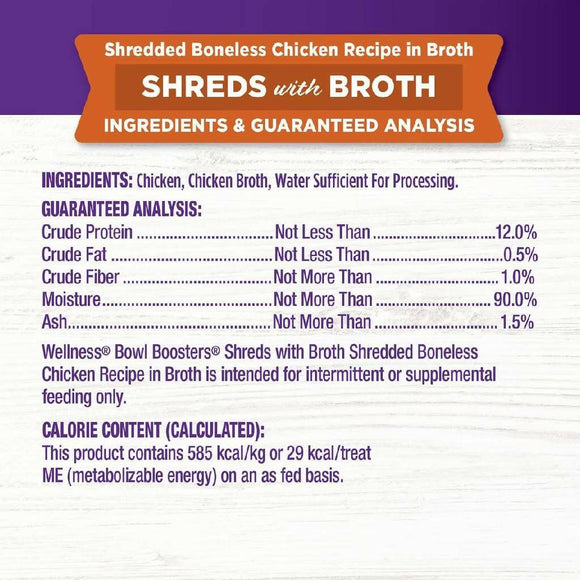 Wellness Bowl Boosters Shreds Boneless Chicken with Broth Cat Food Topper (1.75 oz x 12 pouches)