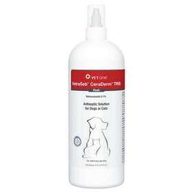 Bottle of an antiseptic flush for pets called VetraSeb CeraDerm TRIS