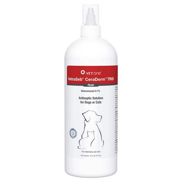 Bottle of an antiseptic flush for pets called VetraSeb CeraDerm TRIS