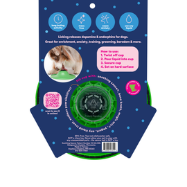 Backside of Stashios Soothing Saucer Licking Dog Toy with Treat Dispenser