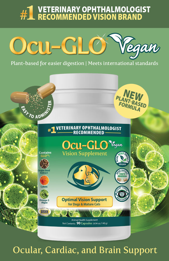 Ocu-GLO Vegan vision supplement bottle with green background and text highlighting benefits