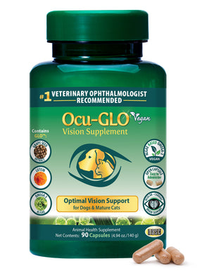 Ocu-Glo Vision Supplement bottle for dogs and cats on a white background