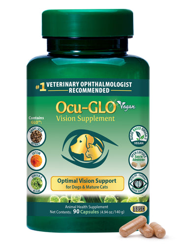 Ocu-Glo Vision Supplement bottle for dogs and cats on a white background