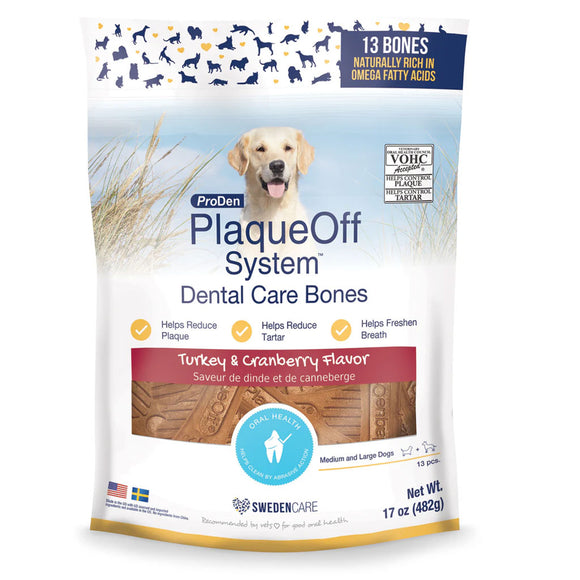 ProDen PlaqueOff System dental care bones packaging for dogs on a white background