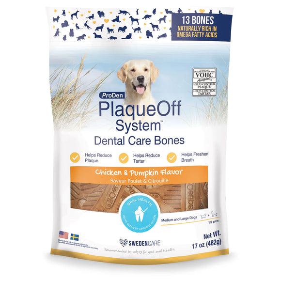 ProDen PlaqueOff System dental care bones packaging for dogs on a white background