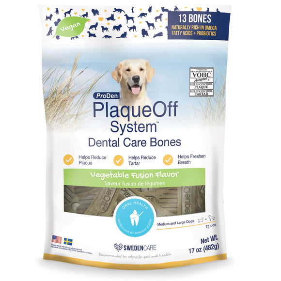 ProDen PlaqueOff System Dental Care Bones packaging with a dog on a beach background
