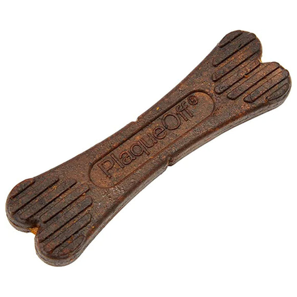 Brown dog chew toy with 'PlaqueOff' branding on a white background