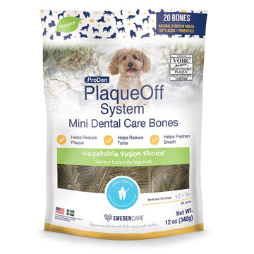 ProDen PlaqueOff System Mini Dental Care Bones packaging with a dog on a snowy background