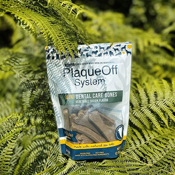 Package of PlaqueOff System dental care bones for dogs on a green leafy background