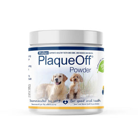 ProDen PlaqueOff Powder container with images of dogs on a white background