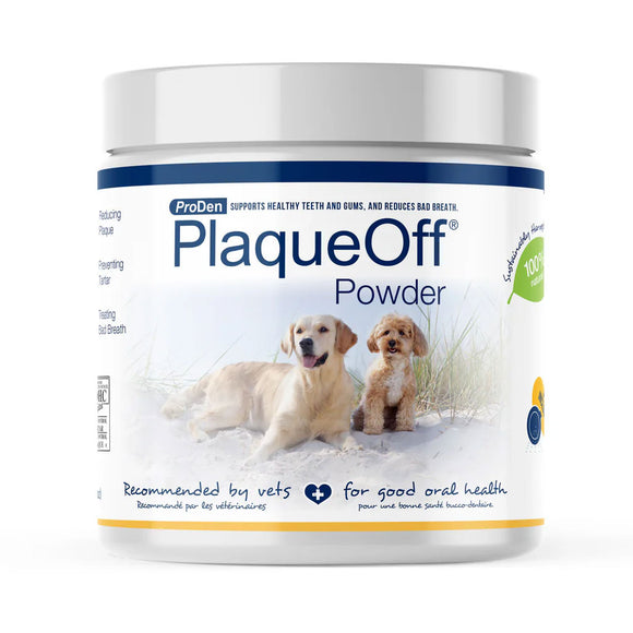 ProDen PlaqueOff Powder container with images of dogs on a white background