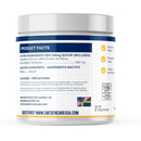 Container with product facts label on a white background