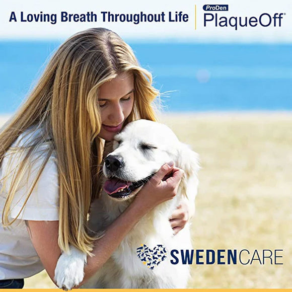 Woman hugging a white dog with a scenic background, featuring ProDen PlaqueOff and SwedenCare branding.