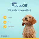 Dog with ProDen PlaqueOff branding on a blue background