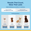Dog food product information with images of dogs and feeding guidelines on a blue background