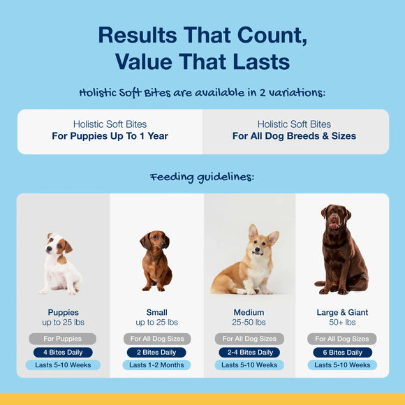 Dog food product information with images of dogs and feeding guidelines on a blue background
