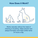Diagram of a dog and cat with dental care products on a blue background, explaining how a product works.