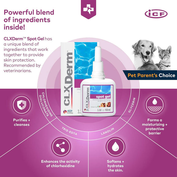 CLX Derm Spot Gel packaging with product details and branding on a pink background