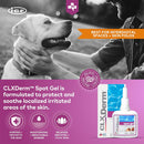 Advertisement for CLX Derm Spot Gel with a dog and person holding the dog, and product packaging displayed.