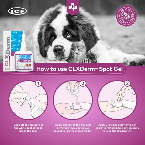 CLX Derm spot gel packaging with a dog and cat, and instructions on a pink background.
