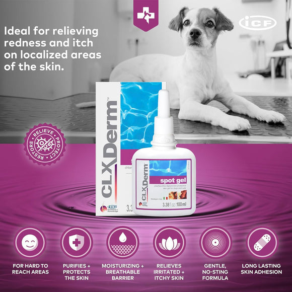 CLX Derm spot gel packaging with a dog on a purple background