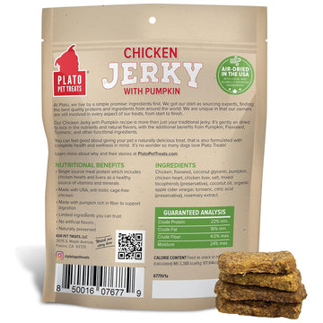 Plato Pet Treats Chicken Jerky with Pumpkin packaging on a white background
