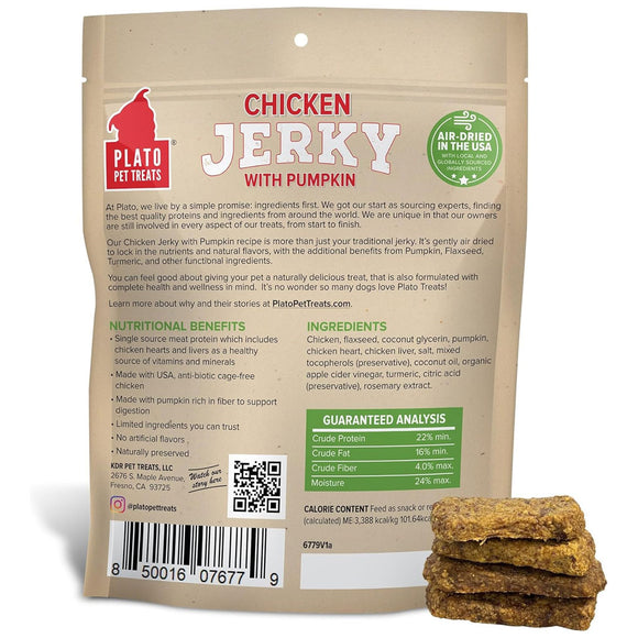 Plato Pet Treats Chicken Jerky with Pumpkin packaging on a white background