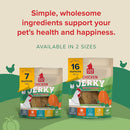 Plato Chicken Jerky with Pumpkin packaging on a green field background with text about pet health.