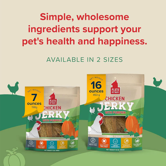 Plato Chicken Jerky with Pumpkin packaging on a green field background with text about pet health.