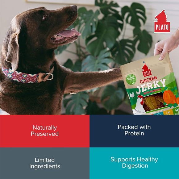 Dog reaching for a package of Plato Chicken Jerky with text about product benefits.