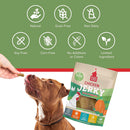 Dog eating chicken jerky with a package and green background with icons.