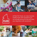 Collage of dogs with Plato Pet Treats products and brand logo on a red background.