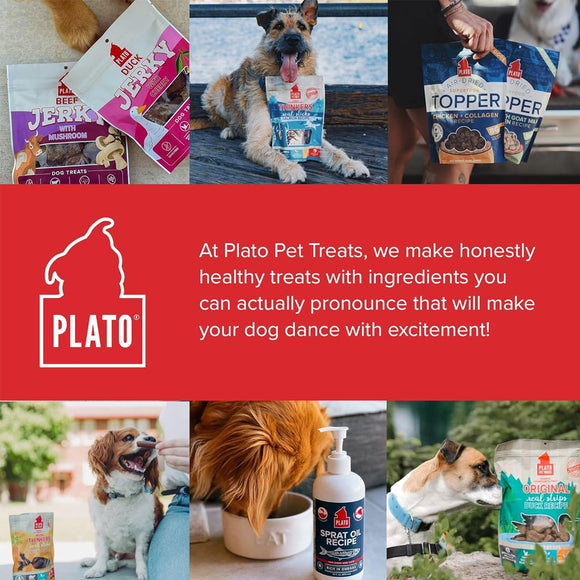 Collage of dogs with Plato Pet Treats products and brand logo on a red background.