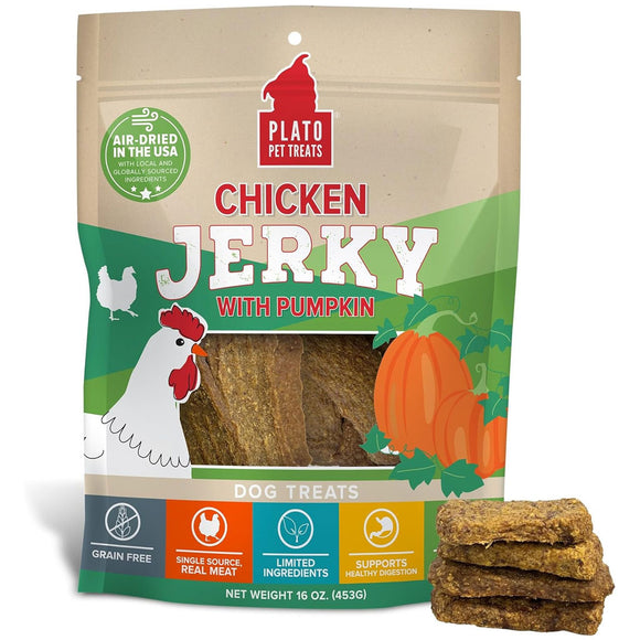 Plato Pet Treats Chicken Jerky with Pumpkin Dog Treats, 16-oz