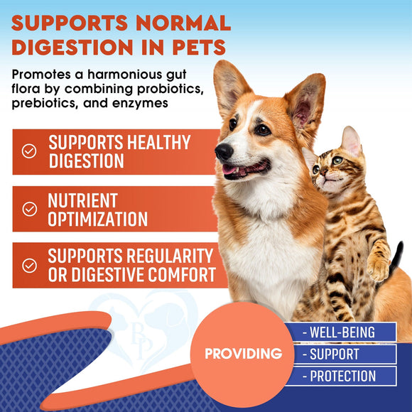 Advertisement for pet health product featuring a dog and cat with text about digestive support.