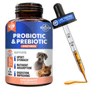 Pet probiotic and prebiotic supplement bottle with dropper on a white background