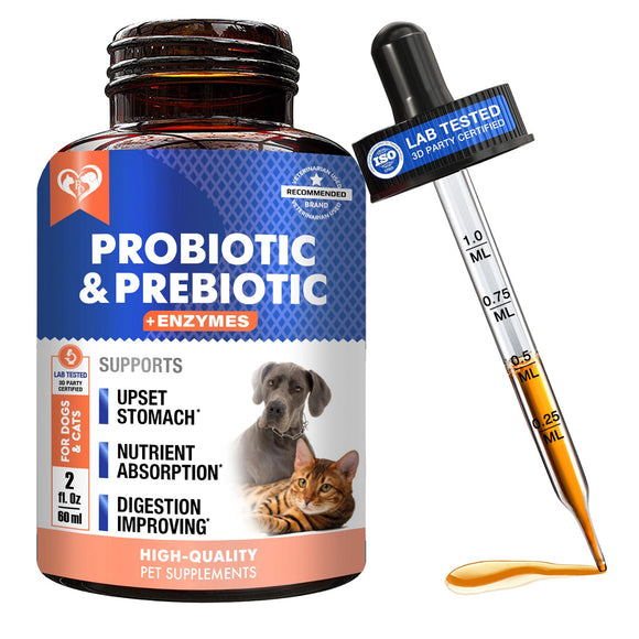 Pet probiotic and prebiotic supplement bottle with dropper on a white background