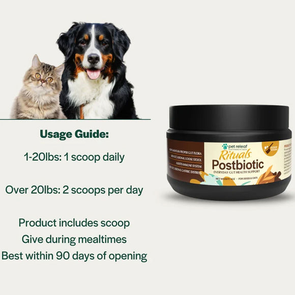 Pet relief product with usage guide and images of a dog and cat on a light gray background