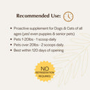 Supplement usage instructions for dogs and cats on a beige background with decorative elements.
