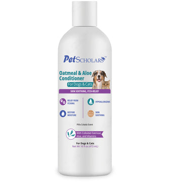 Pet Scholars Oatmeal & Aloe Conditioner bottle for dogs and cats on a white background