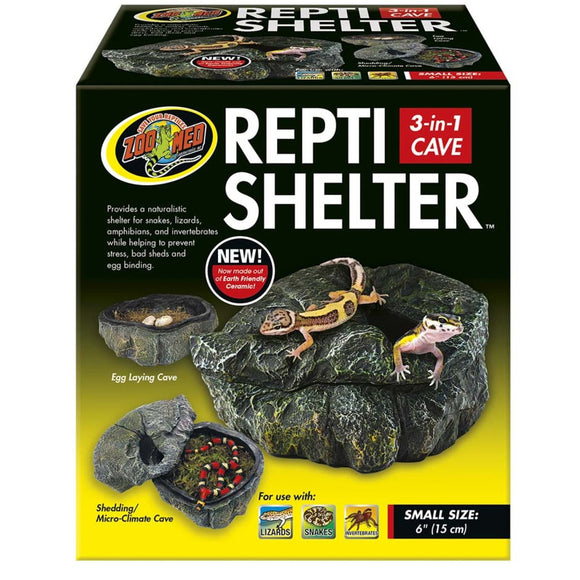 Zoo Med Repti Shelter packaging with a lizard on a rock