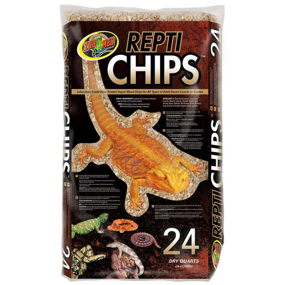 Bag of Zoo Med Repti Chips with a lizard illustration on a white background