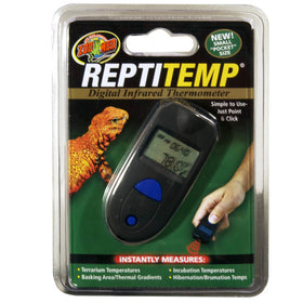 Zoo Med ReptiTemp digital infrared thermometer packaging with a lizard and hand illustration.