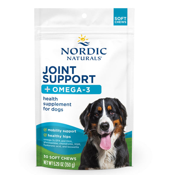 Nordic Naturals Joint Support + Omega-3 supplement package for dogs on a white background