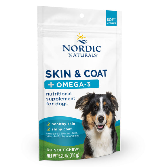 Nordic Naturals skin and coat supplement for dogs with a dog on the packaging.