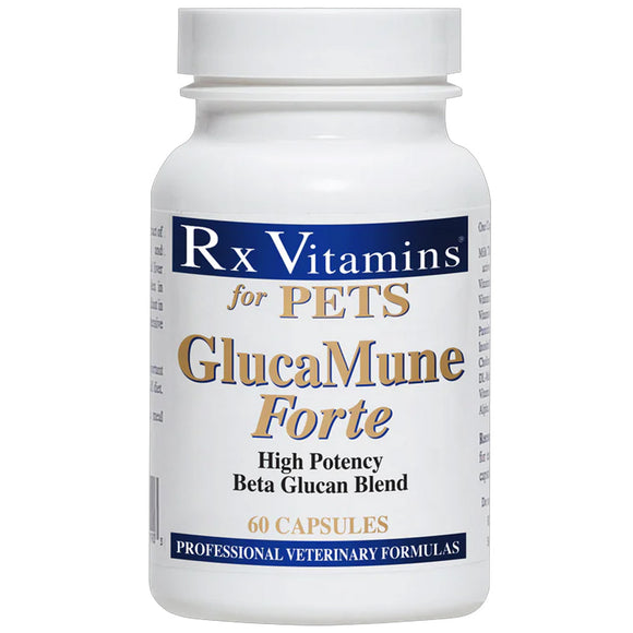 Bottle of Rx Vitamins GlucaMune Forte for pets on a white background