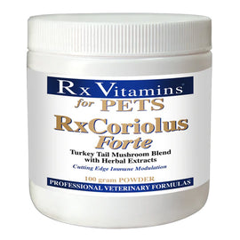 Jar of Rx Vitamins for Pets RxCoriolus Forte powder on a white background