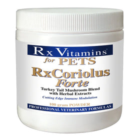 Jar of Rx Vitamins for Pets RxCoriolus Forte powder on a white background