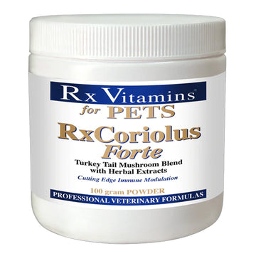 Jar of Rx Vitamins for Pets RxCoriolus Forte powder on a white background